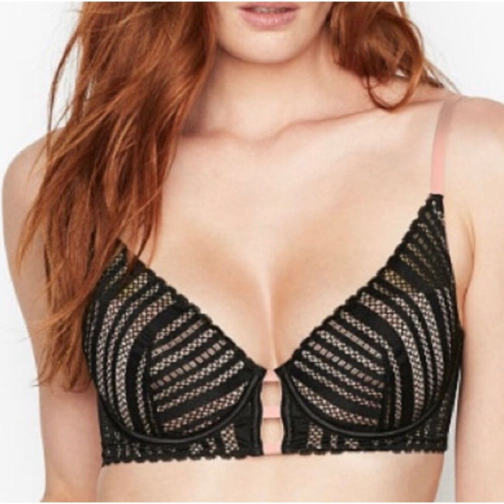 Victoria Secret | Lined Plunge Bra Pink Satin Lace Underwire Size 34DD 34E